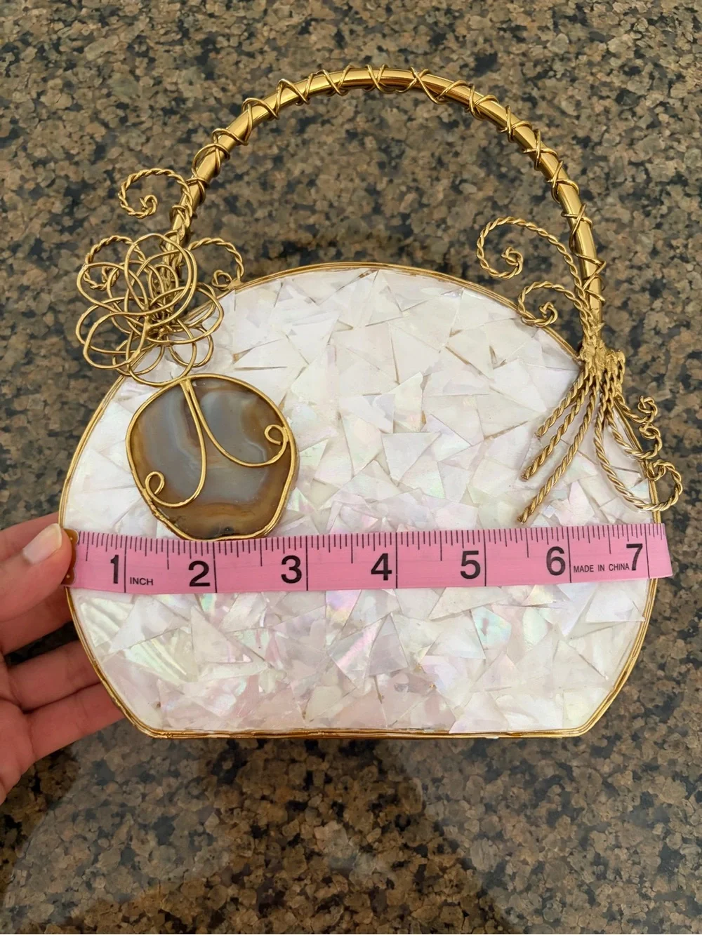 Handcrafted Iridescent Shell Circle Top-Handle Bag in White and Gold